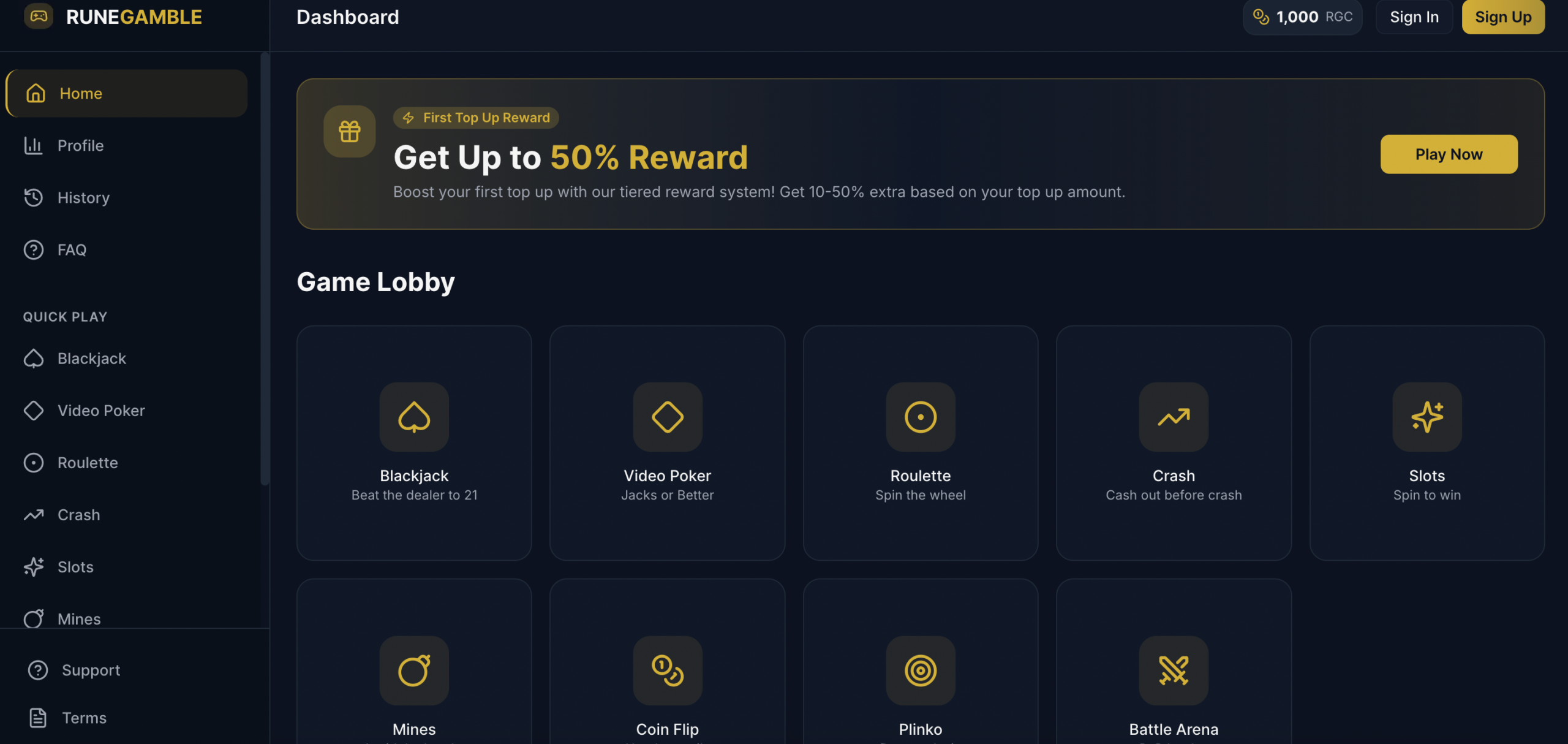 RuneGamble platform screenshot